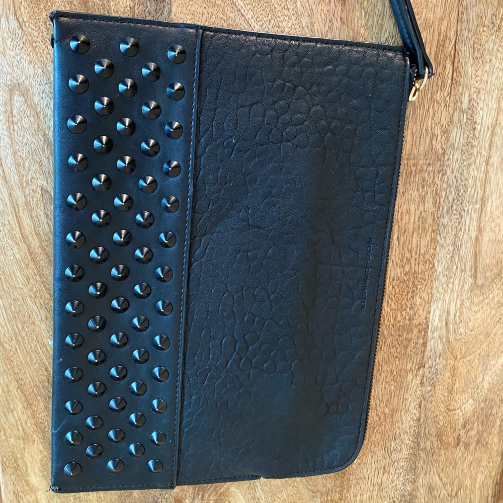 Black faux leather studded clutch